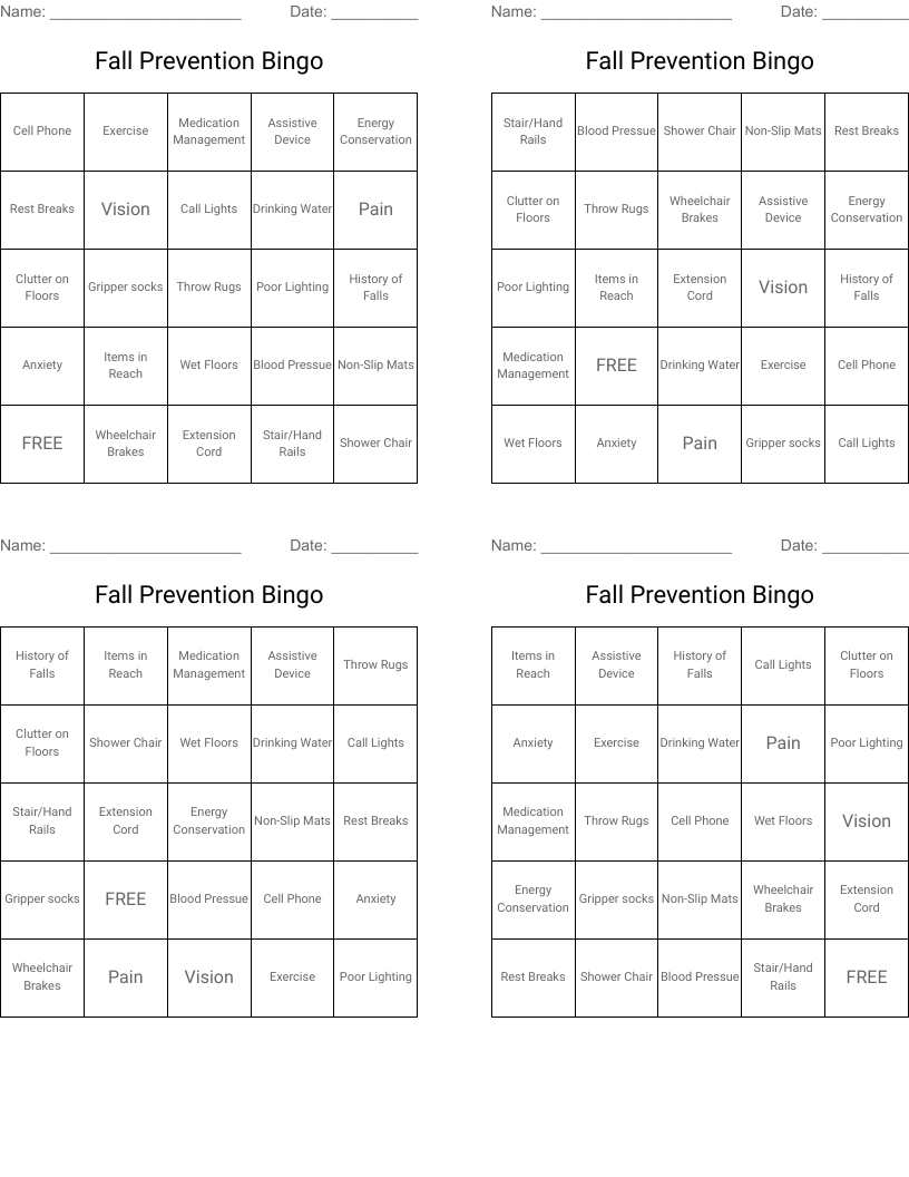 Fall Prevention Bingo