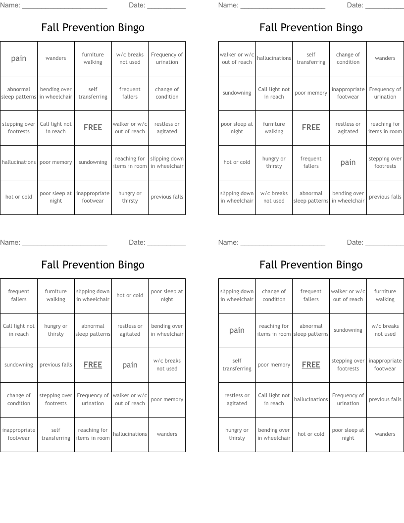 Fall Prevention Bingo