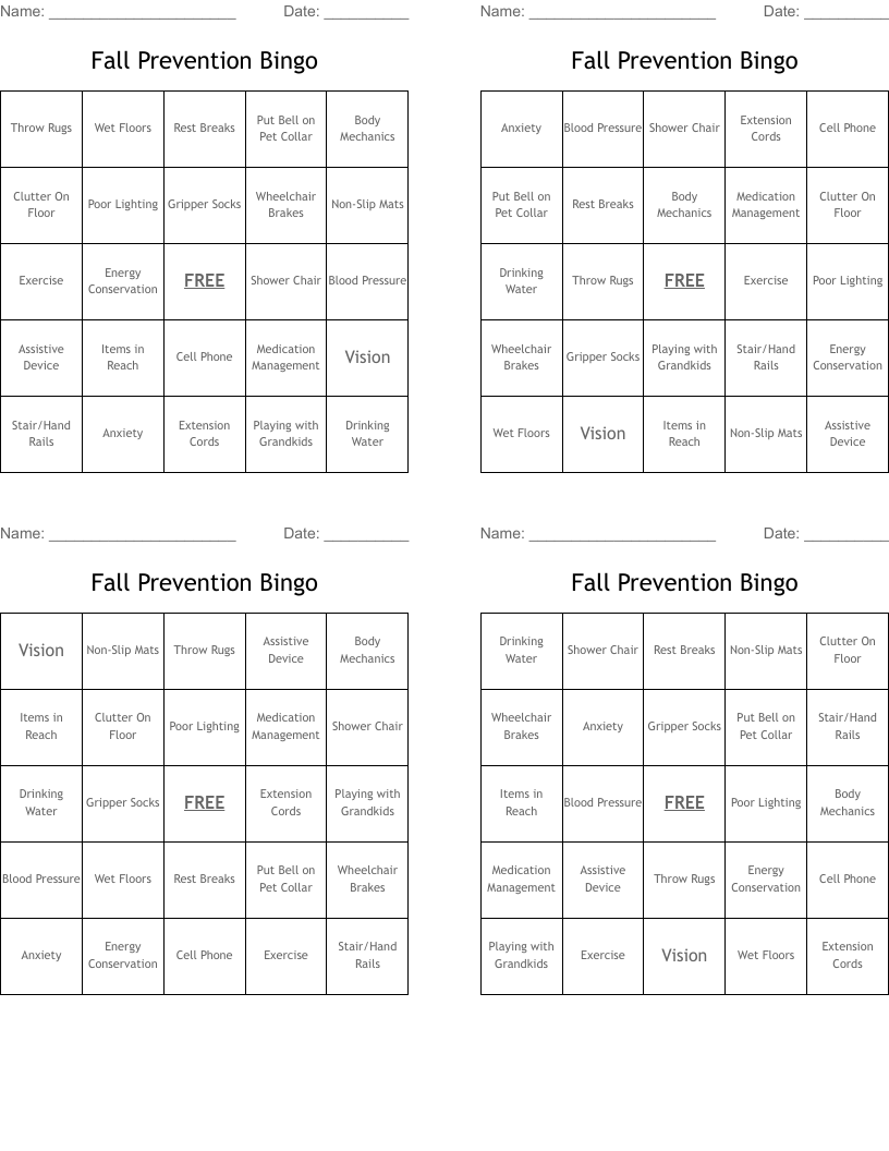Fall Prevention Bingo