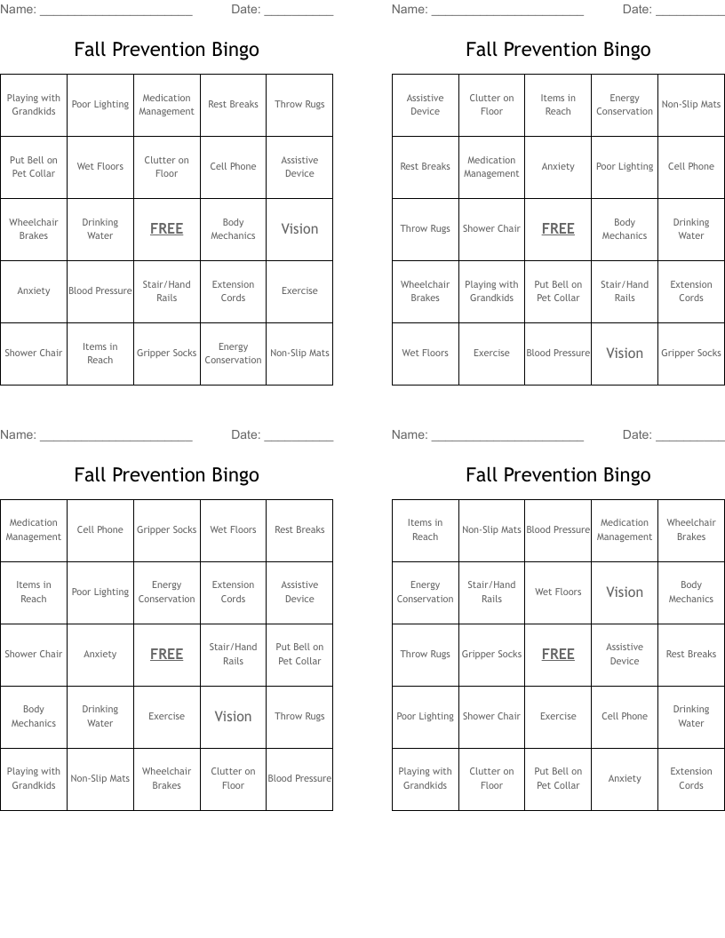 Fall Prevention Bingo