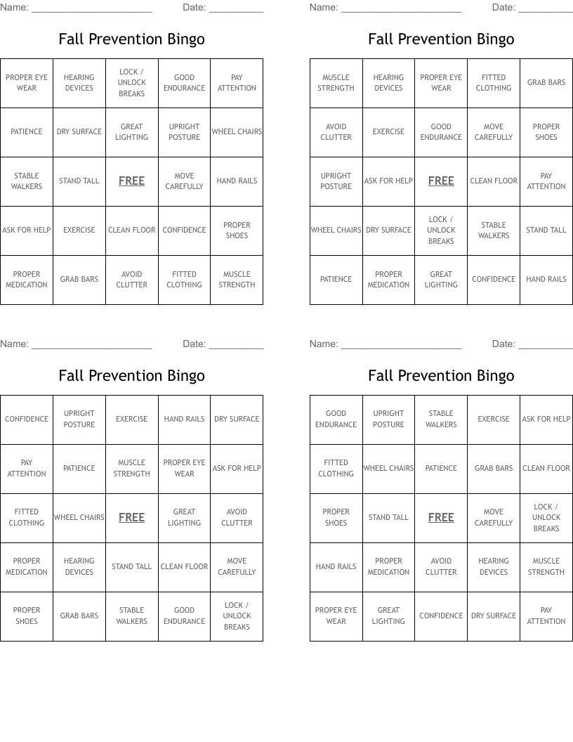 Fall Prevention Bingo 
