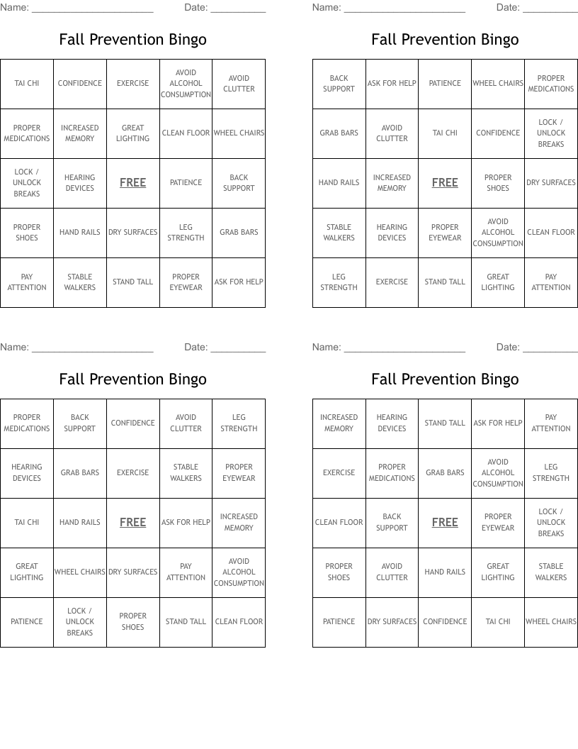 Fall Prevention Bingo 