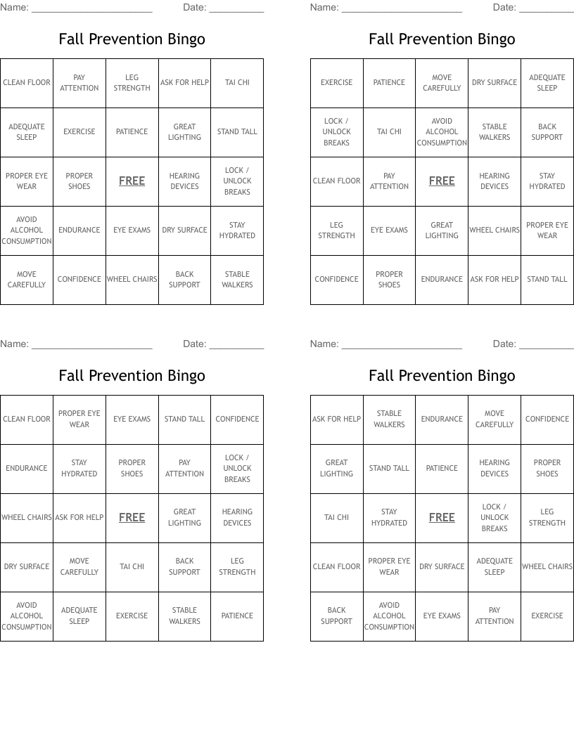 Fall Prevention Bingo 