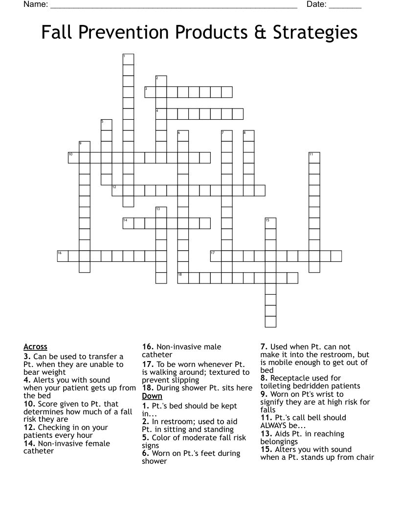 Fall Prevention Products & Strategies Crossword
