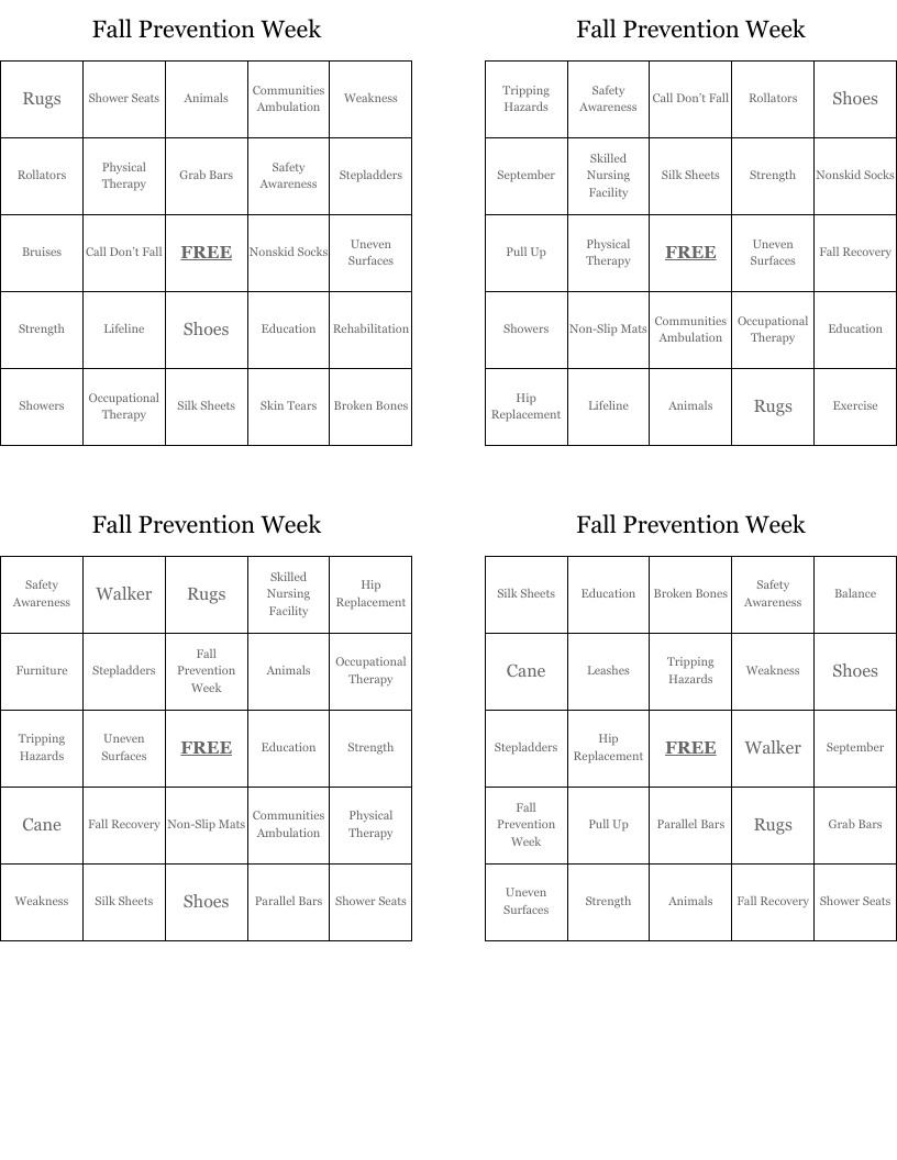 Fall Prevention Week  Bingo Cards