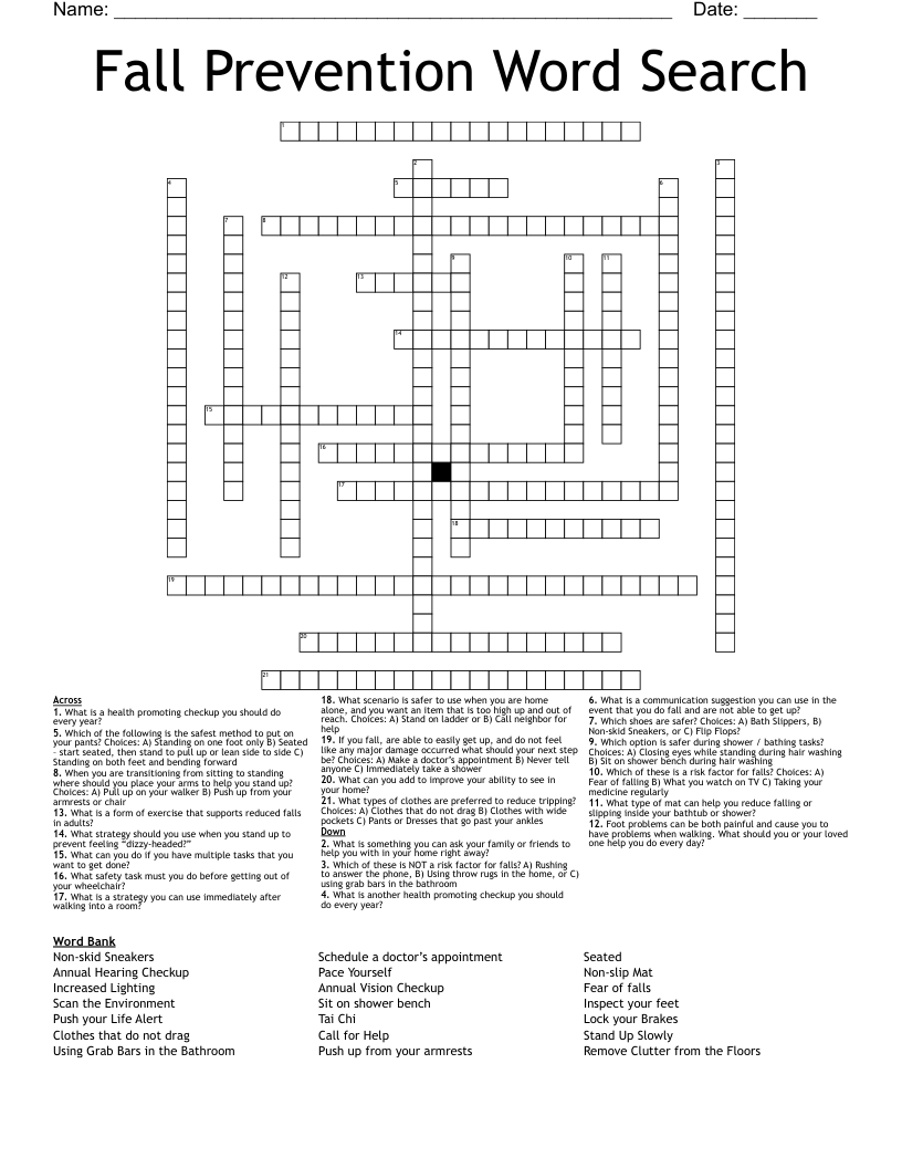 Fall Prevention Word Search Crossword