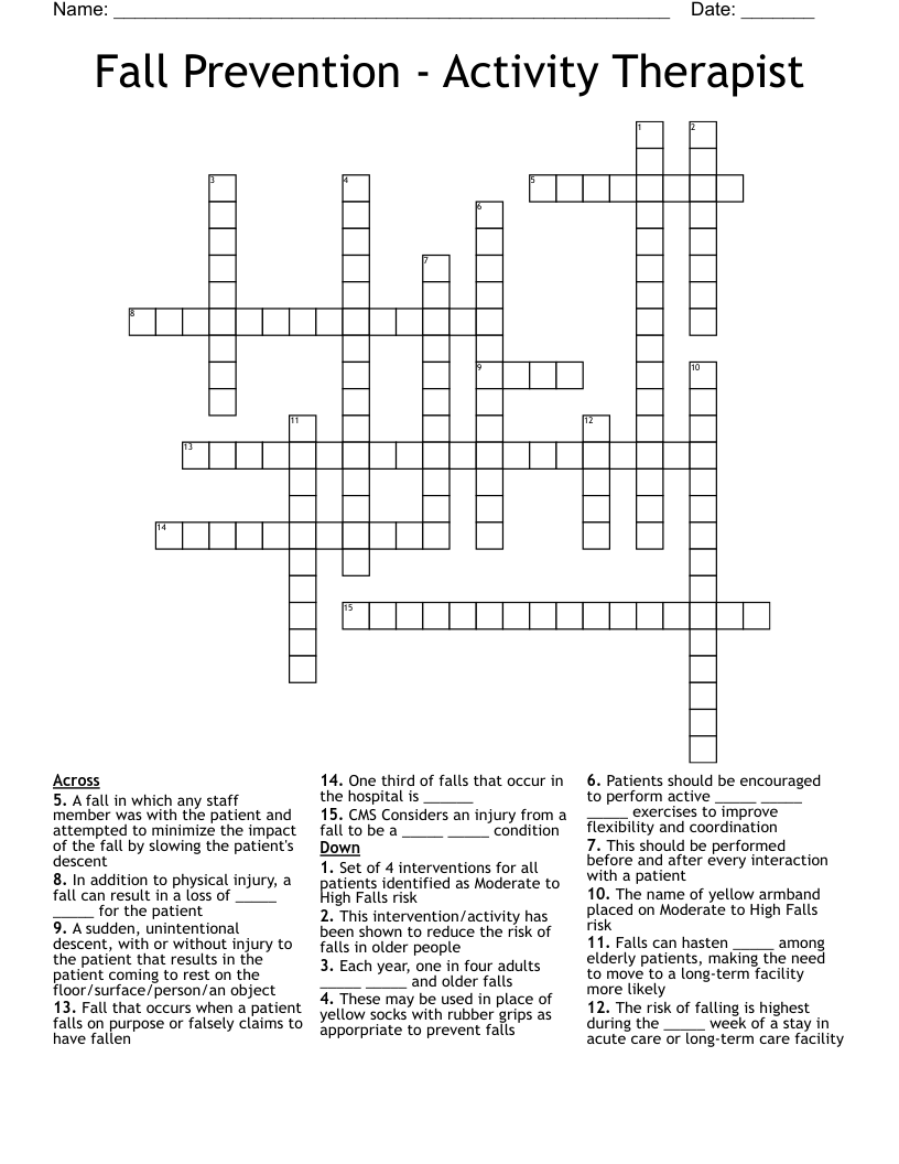 Fall Prevention - Activity Therapist Crossword