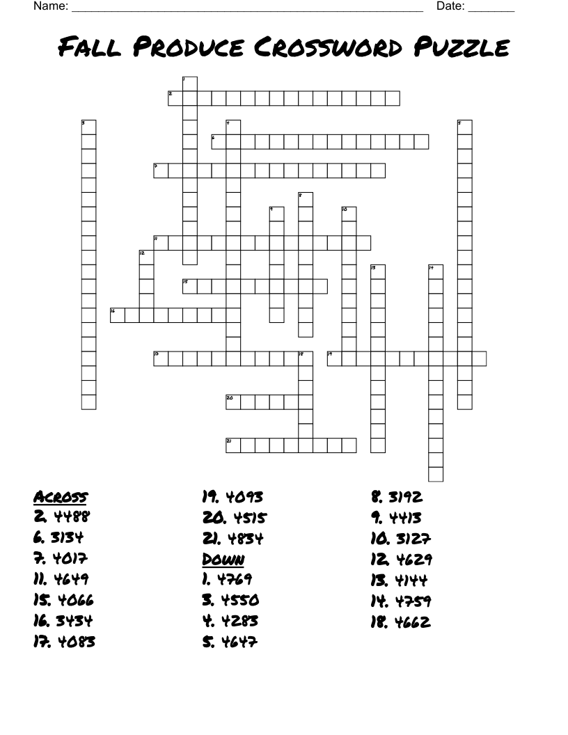 Fall Produce Crossword Puzzle