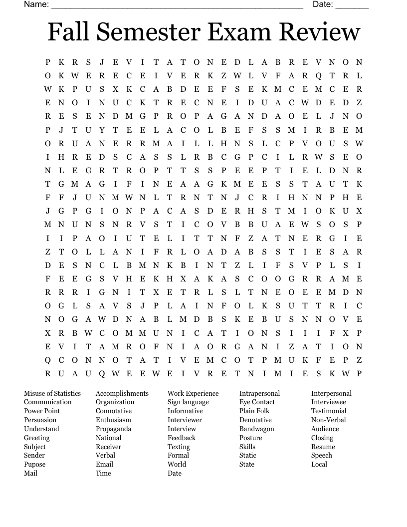 Fall Semester Exam Review  Word Search