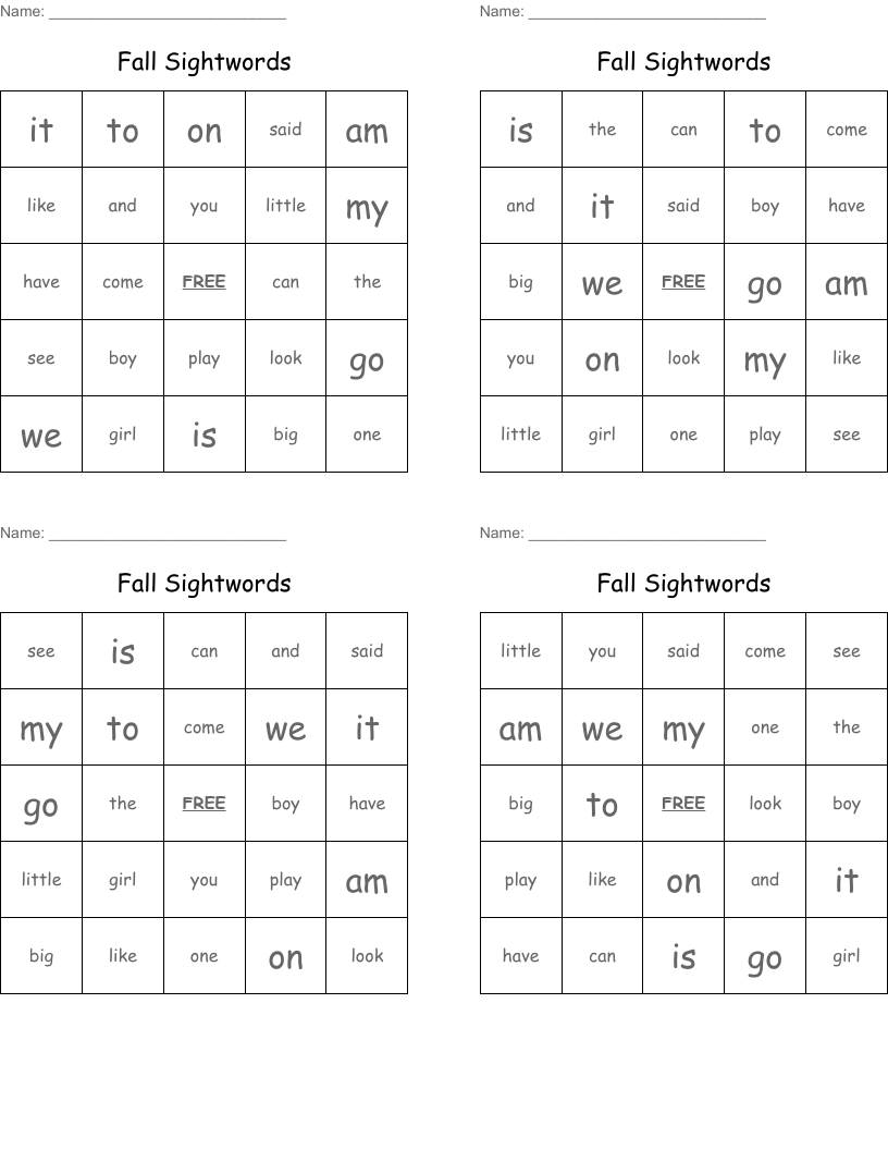 Fall Sightwords Bingo Cards