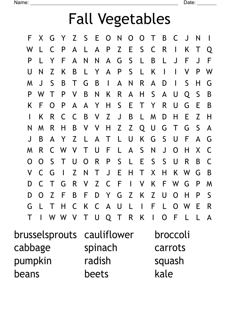Fall Vegetables Word Search