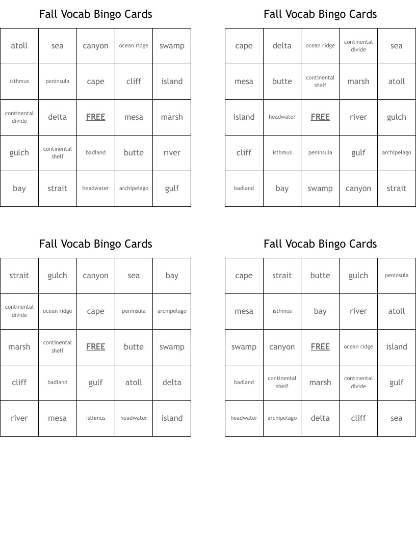 Fall Vocab Bingo Cards