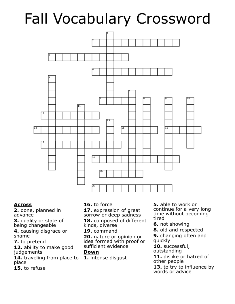 Fall Vocabulary Crossword