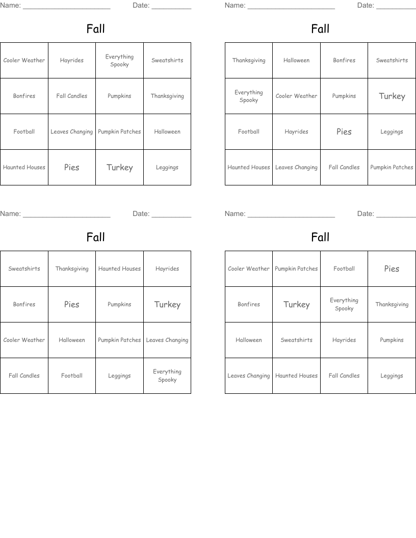 Fall  Bingo Cards