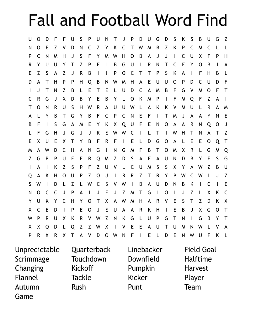 Fall and Football Word Find Word Search