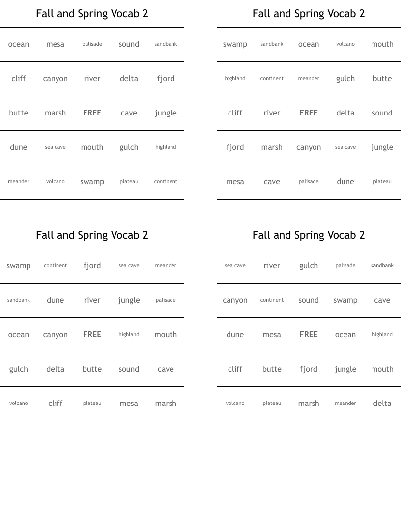 Fall and Spring Vocab 2 Bingo Cards