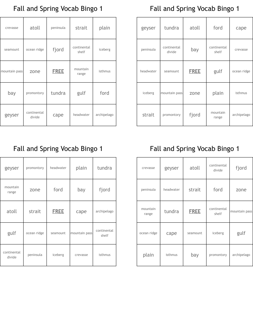 Fall and Spring Vocab Bingo 1