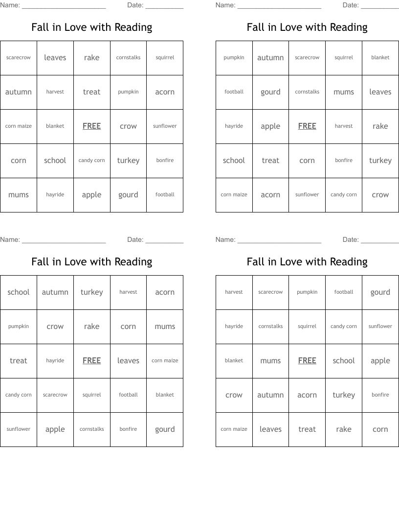 Fall in Love with Reading Bingo Cards