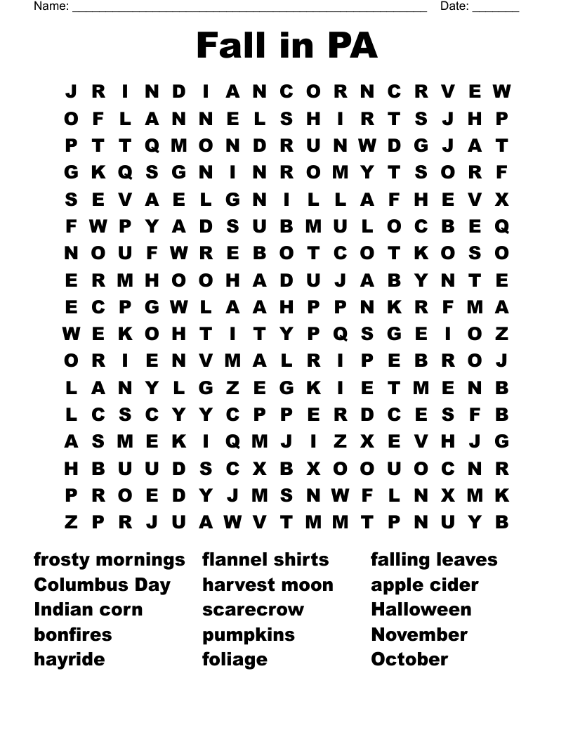 Fall in PA Word Search