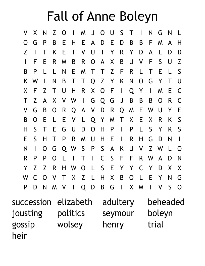 Fall of Anne Boleyn Word Search