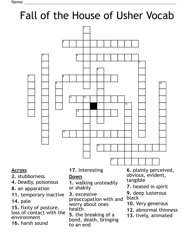 Fall of the House of Usher Vocab Crossword