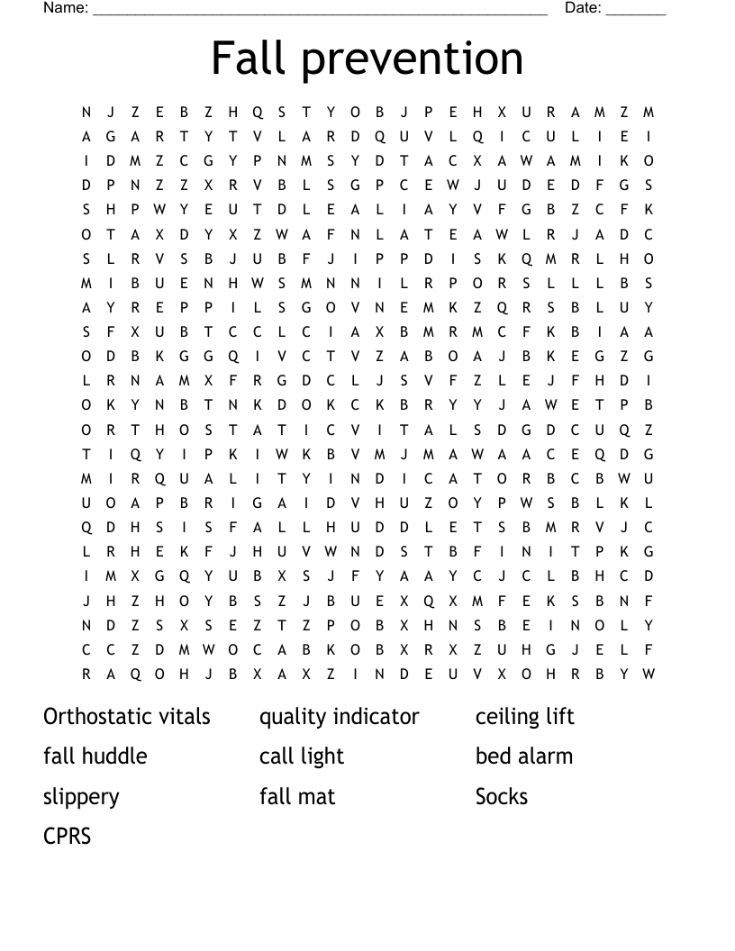 Fall prevention Word Search