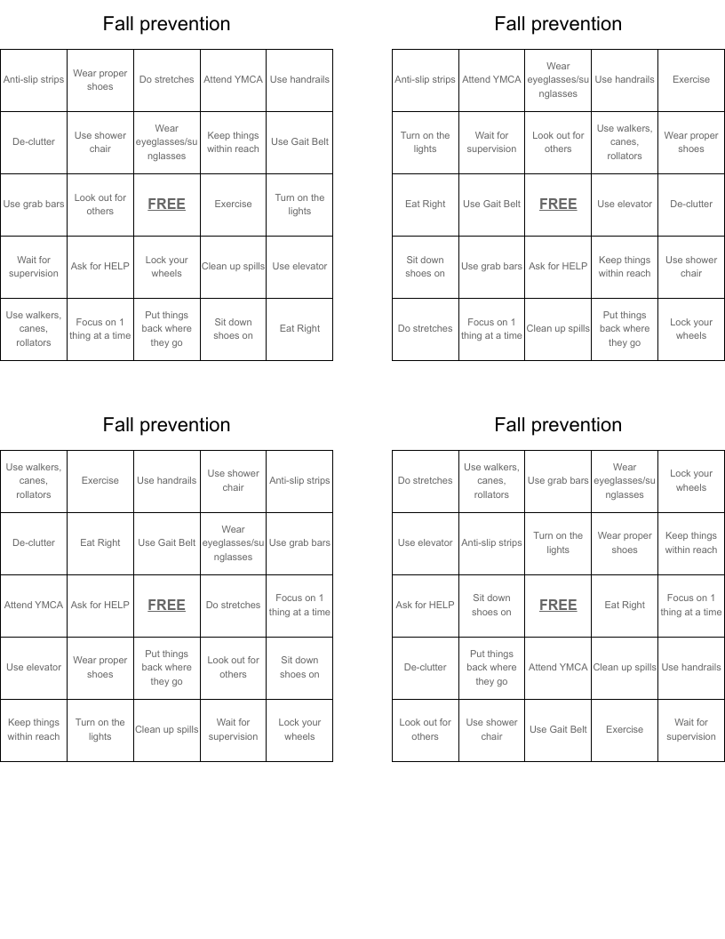 Fall prevention Bingo Cards