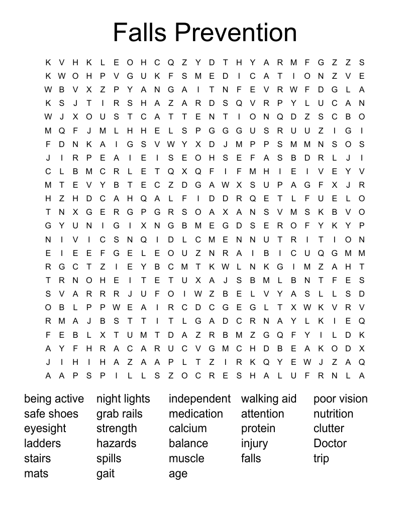 Falls Prevention Word Search