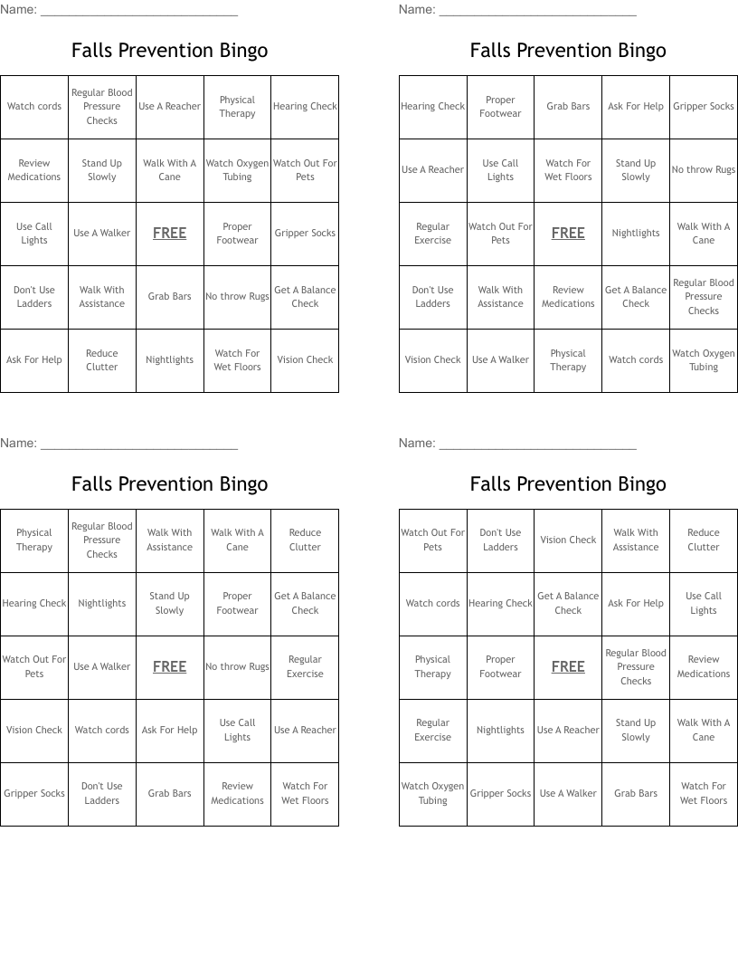 Falls Prevention Bingo