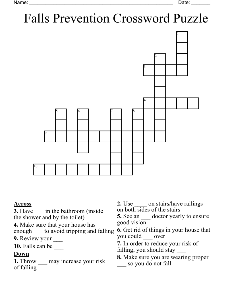 Falls Prevention Crossword Puzzle