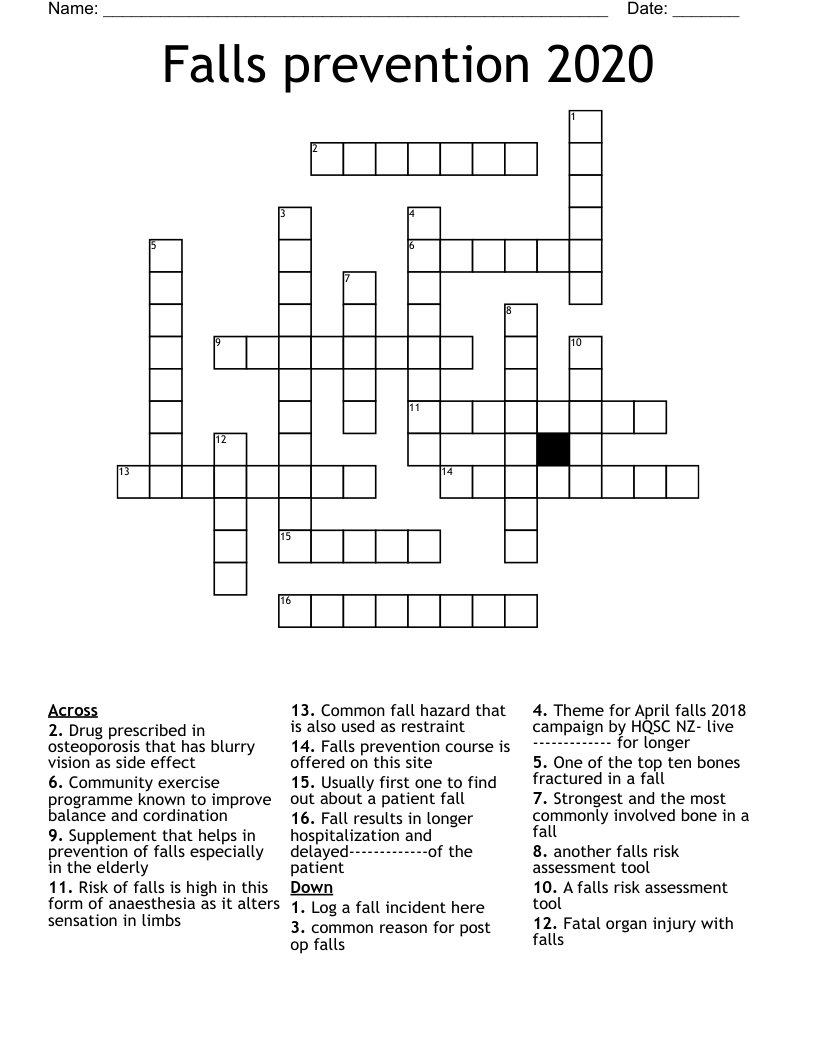 Falls prevention 2020 Crossword