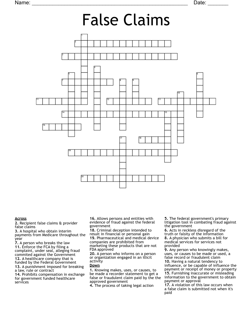 False Claims Crossword