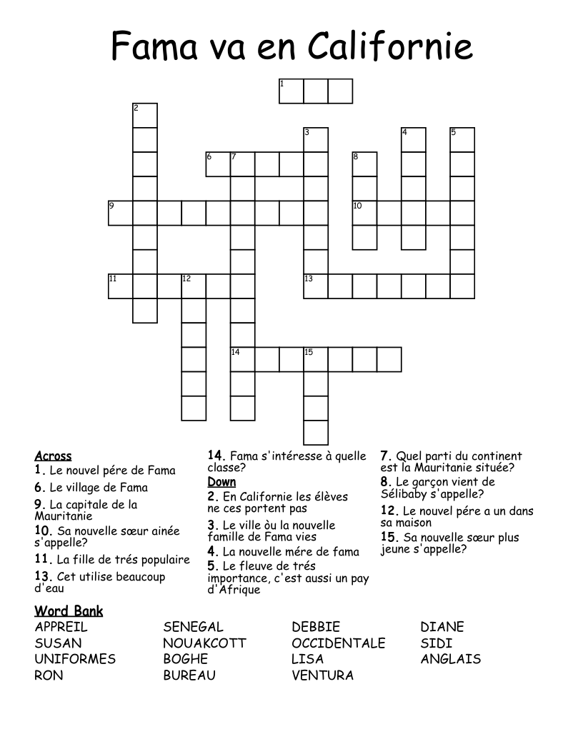 Fama va en Californie Crossword