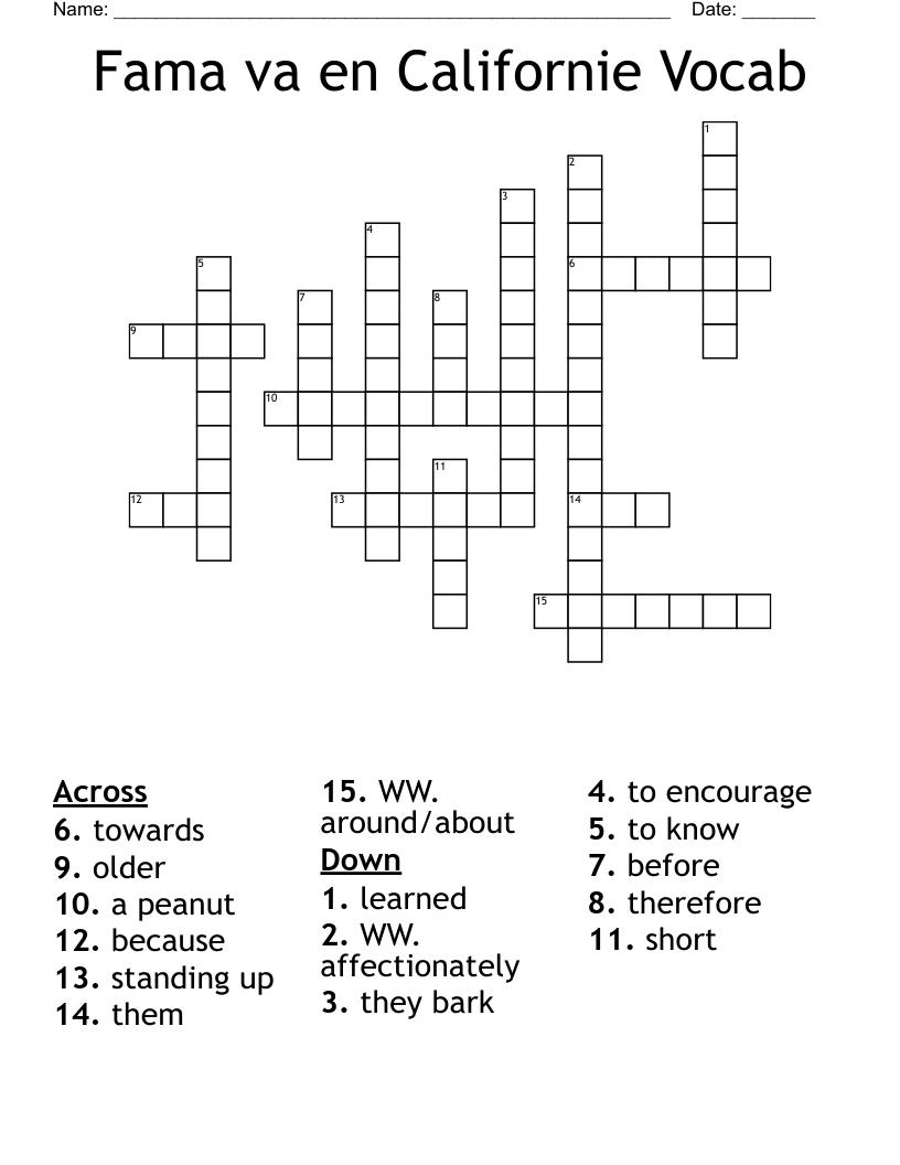 Fama va en Californie Vocab Crossword