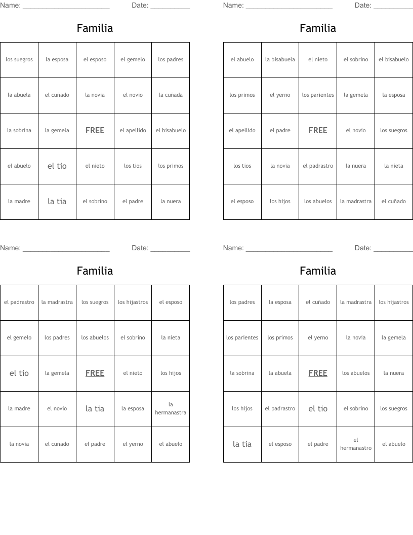 Familia Bingo Cards