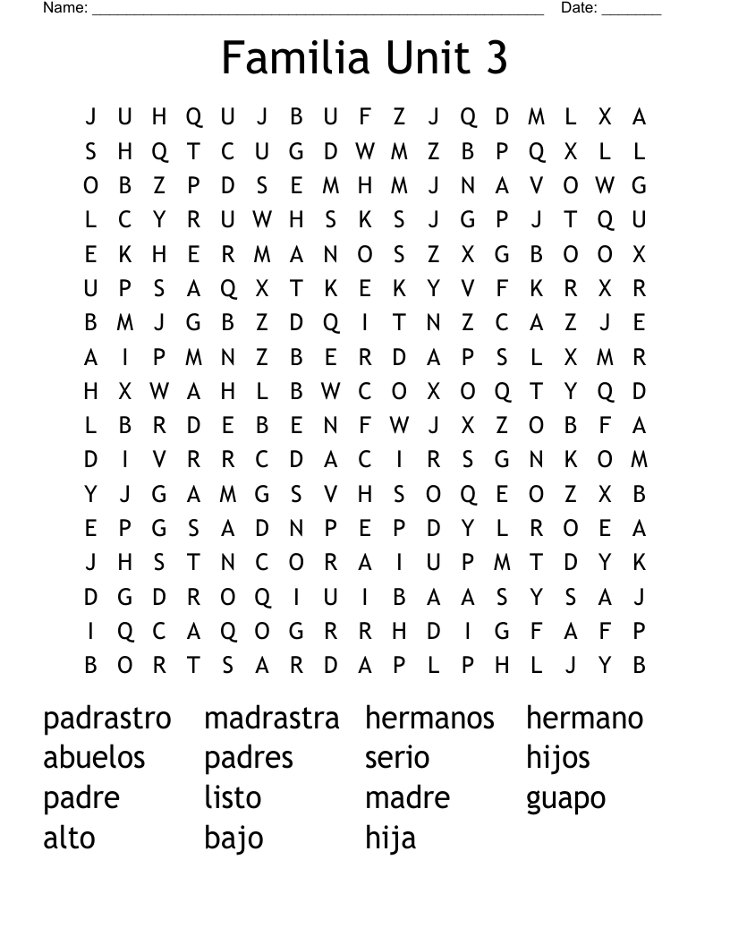 Familia Unit 3 Word Search