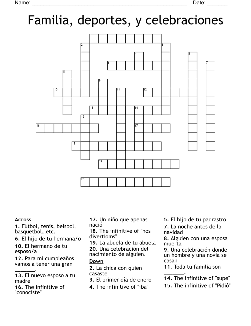 Familia, deportes, y celebraciones  Crossword