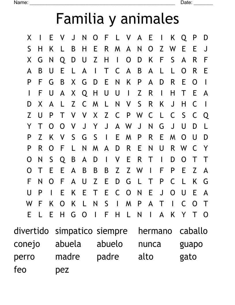 Familia y animales Word Search