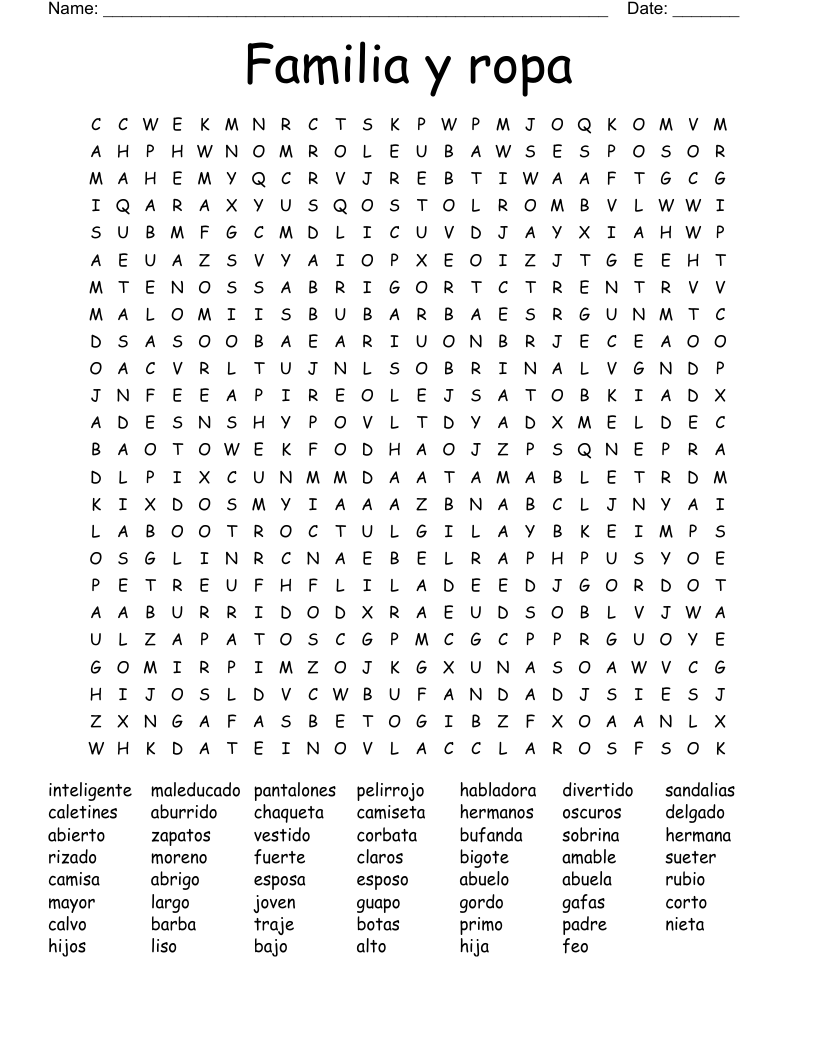 Familia y ropa Word Search