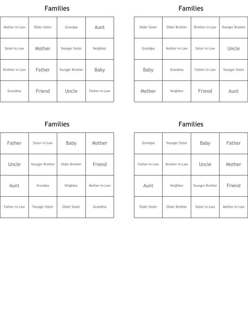Families Bingo Cards