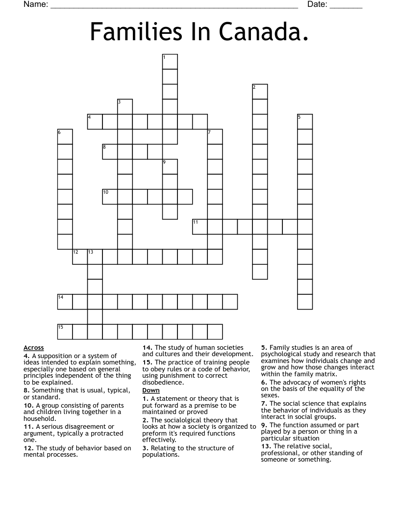 Families In Canada. Crossword