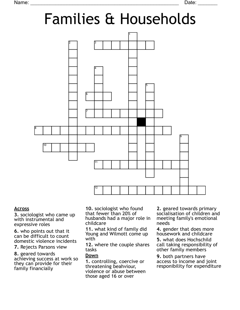 Families & Households Crossword