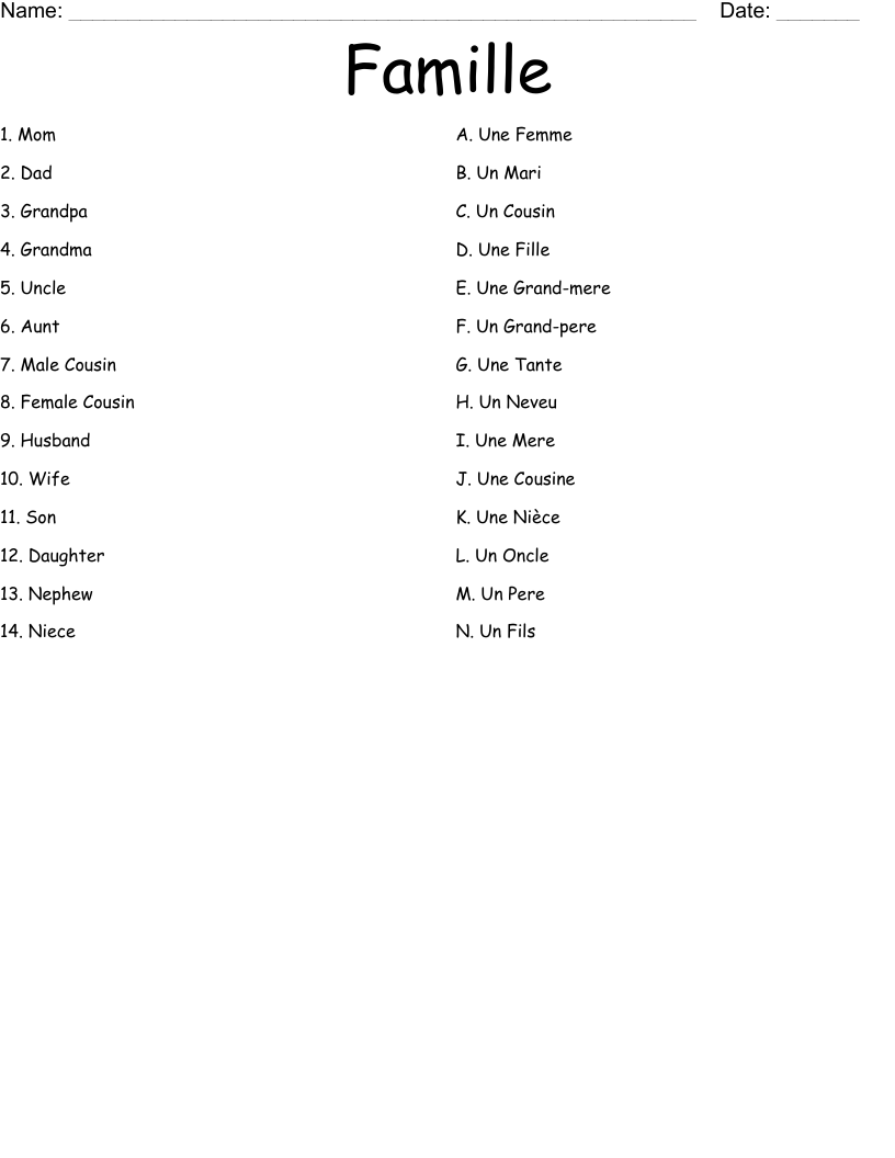 Famille Worksheet