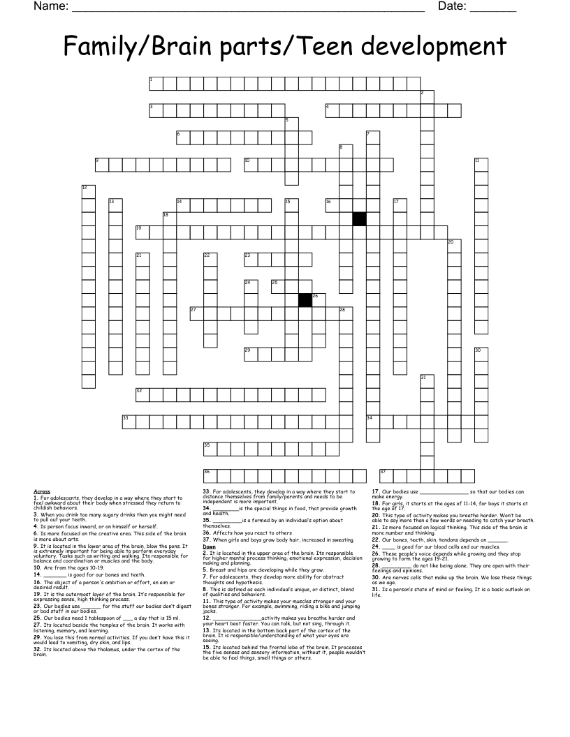Family/Brain parts/Teen development  Crossword