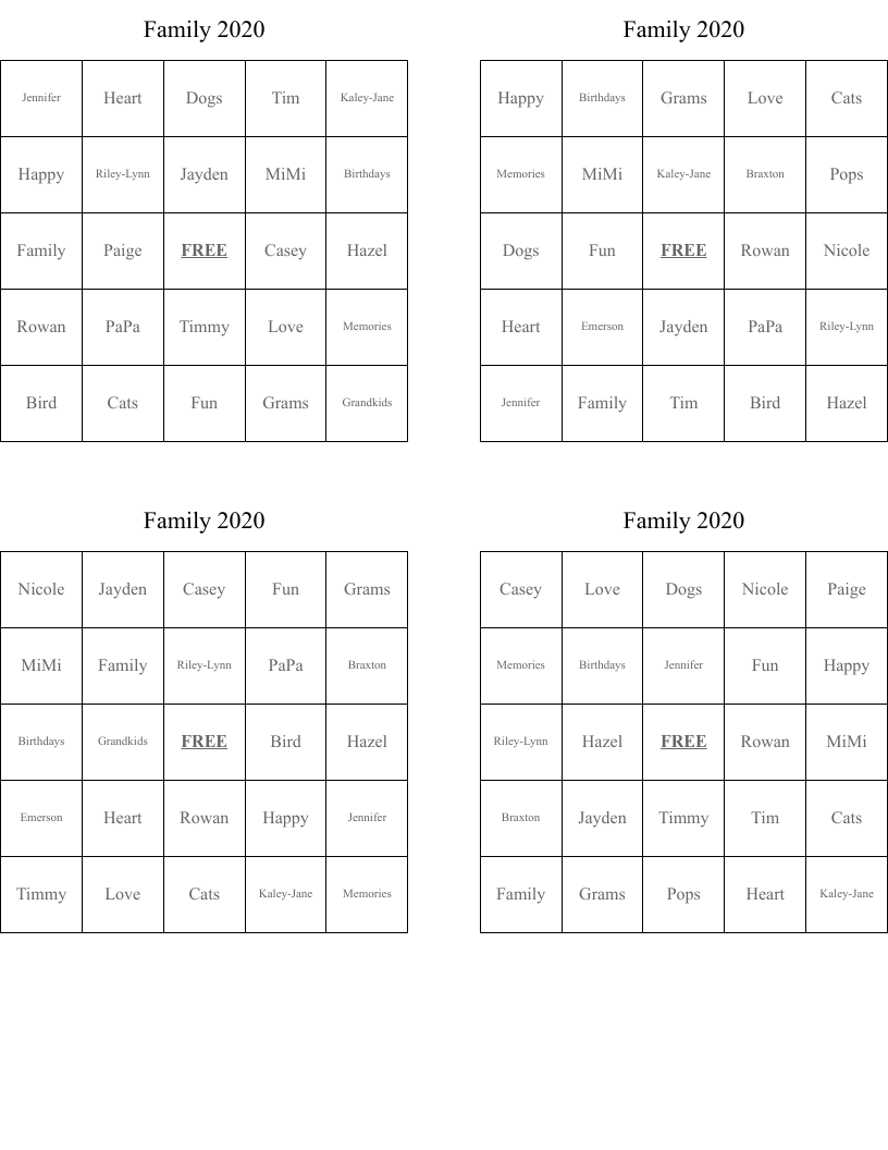Family 2020 Bingo Cards
