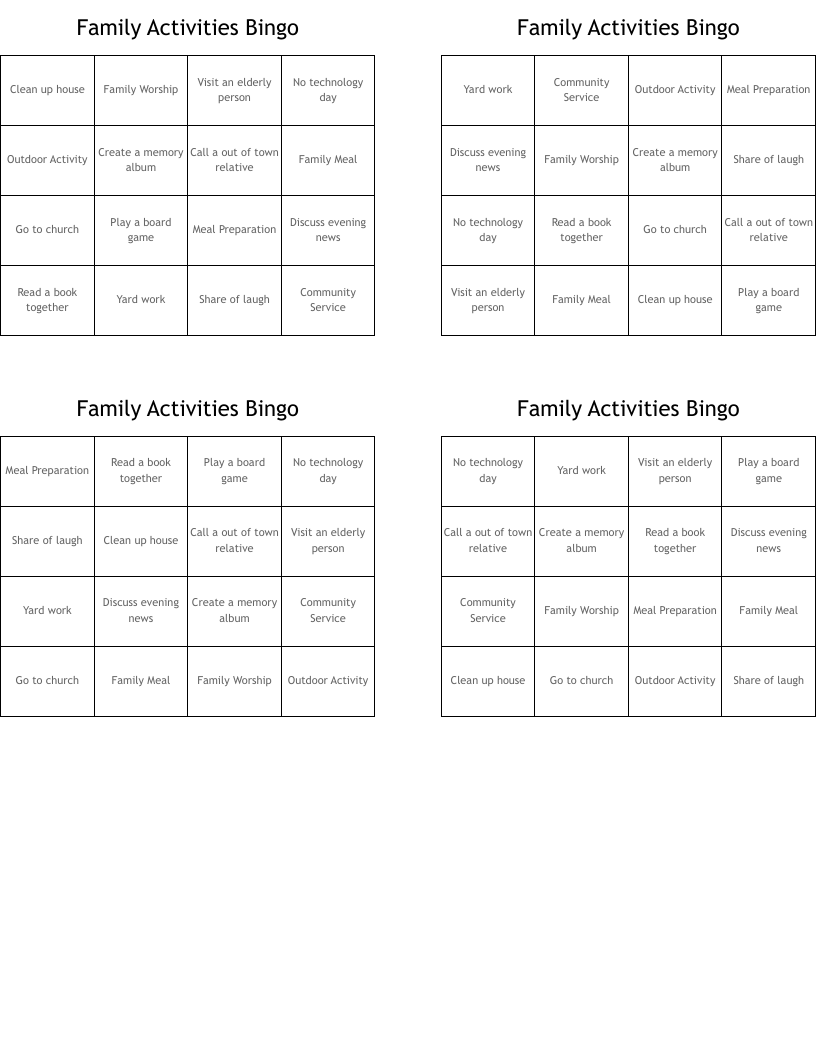 Family Activities Bingo