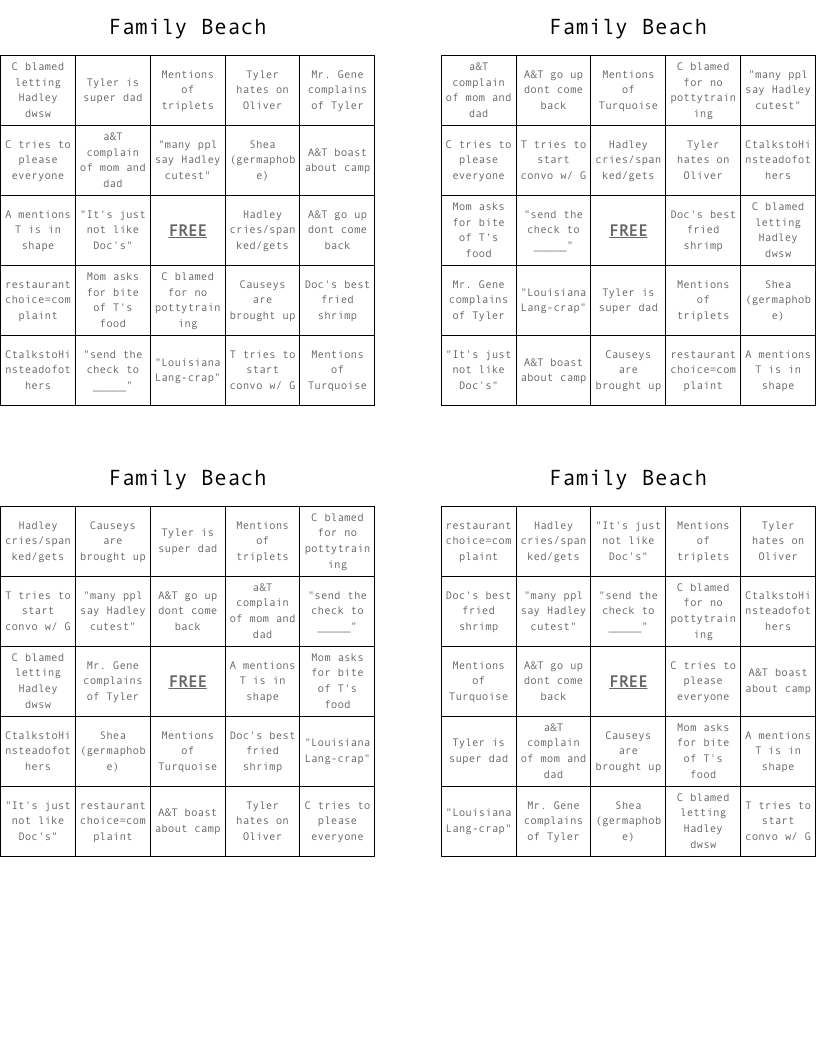 Family Beach Bingo Cards