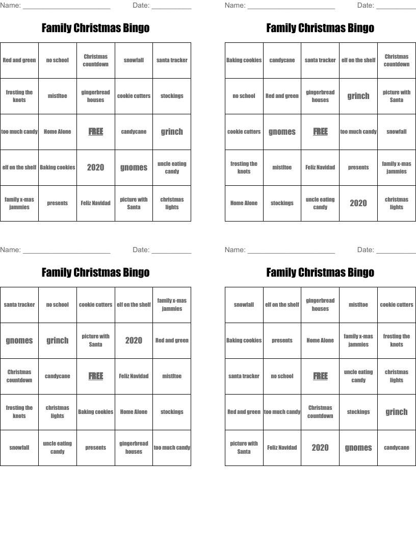 Family Christmas Bingo