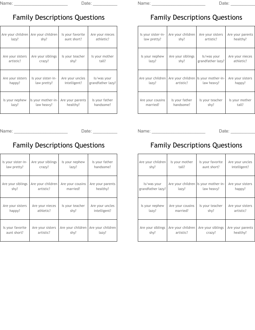 Family Descriptions Questions Bingo Cards