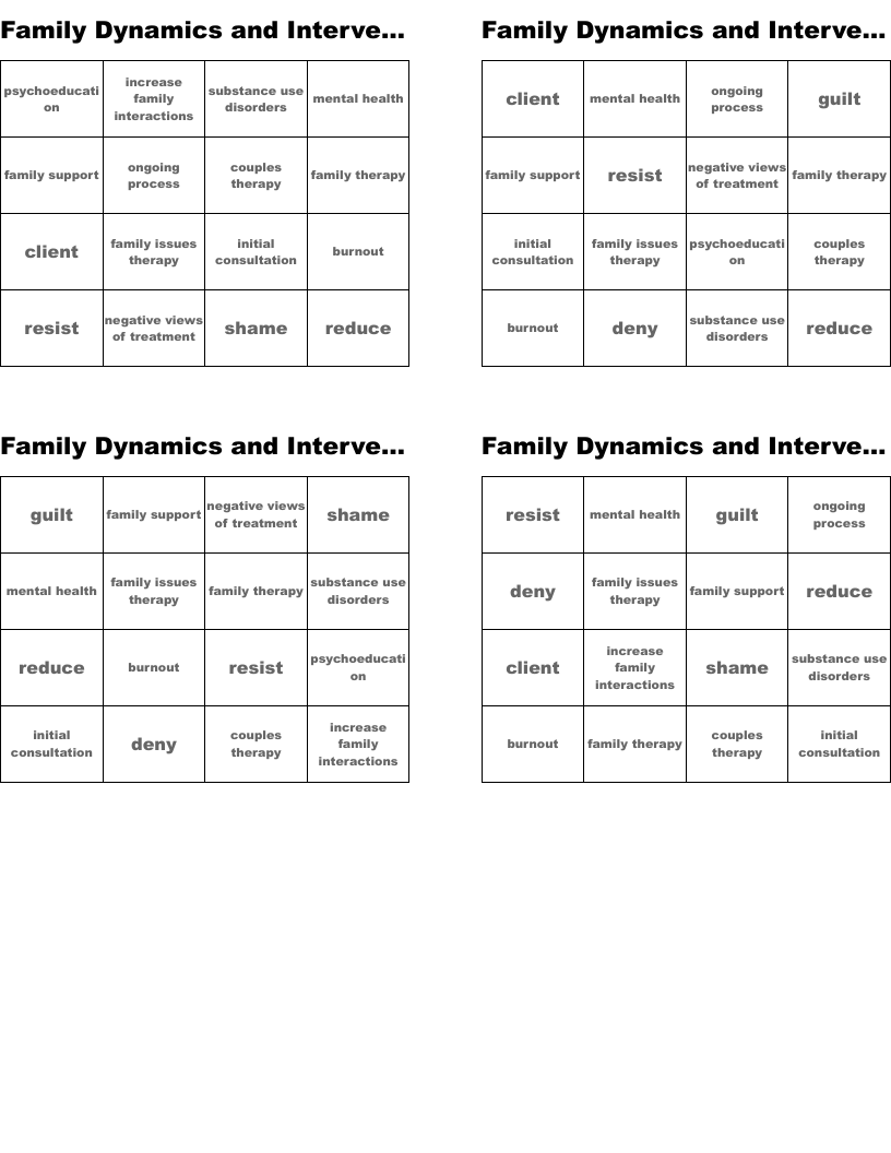 Family Dynamics and Interventions Bingo Cards